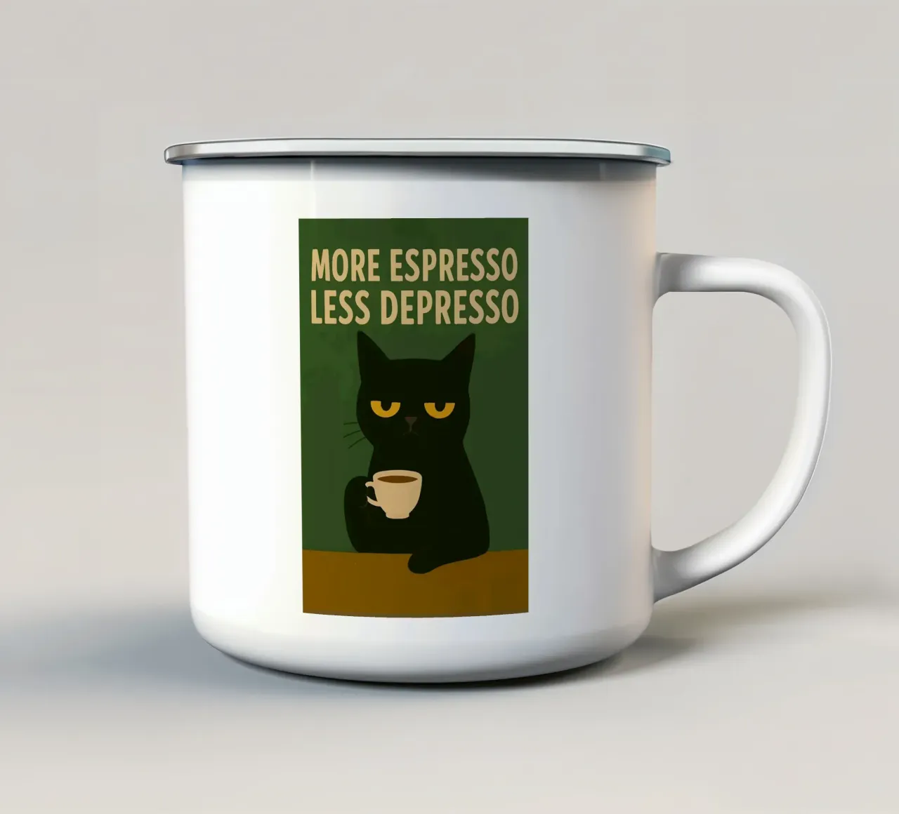 More Espresso Less Depresso Cat tazza in smalto da kakaka