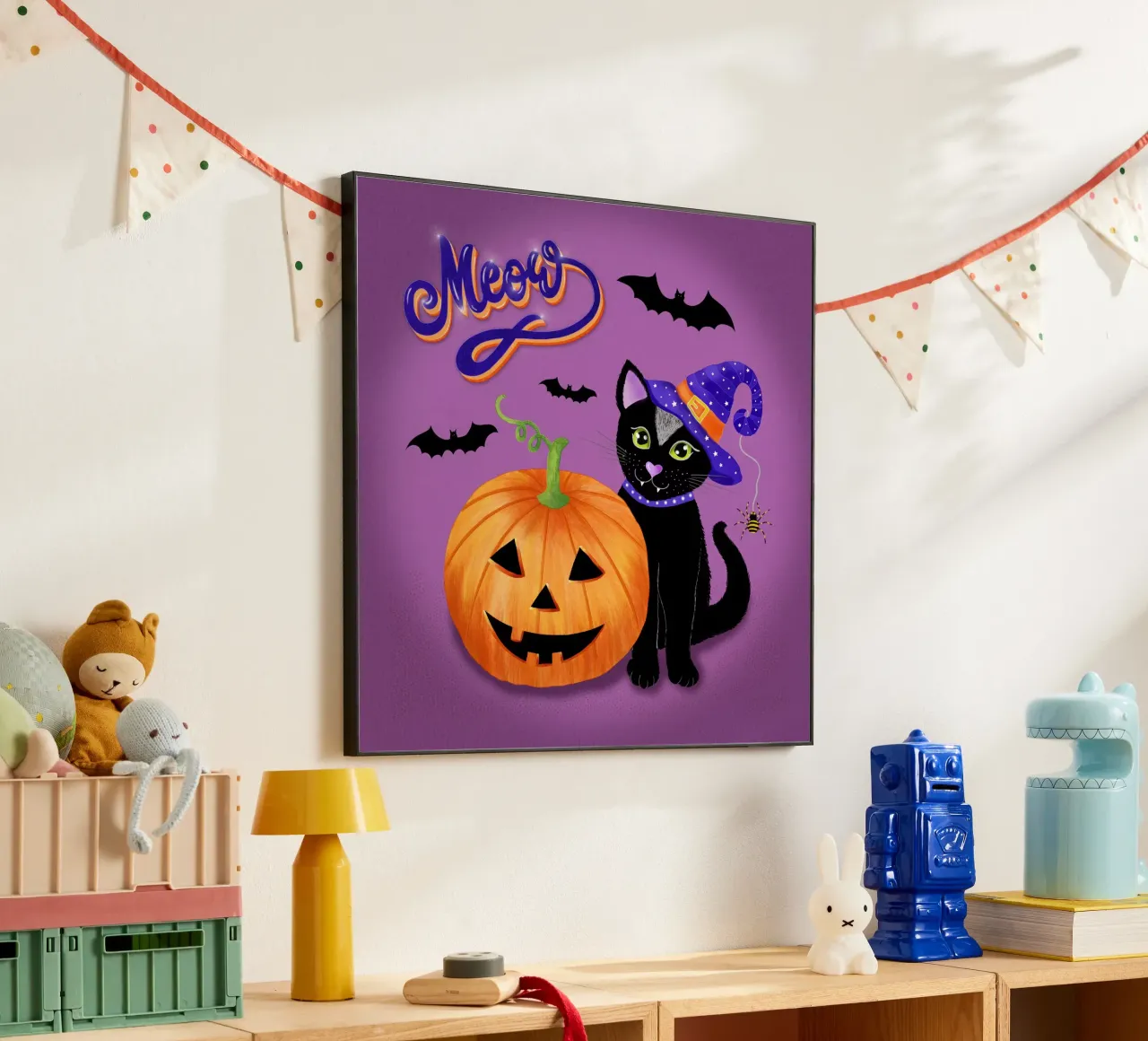 Meow, gatto di Halloween con zucca alluminio dibond da CalliLetters