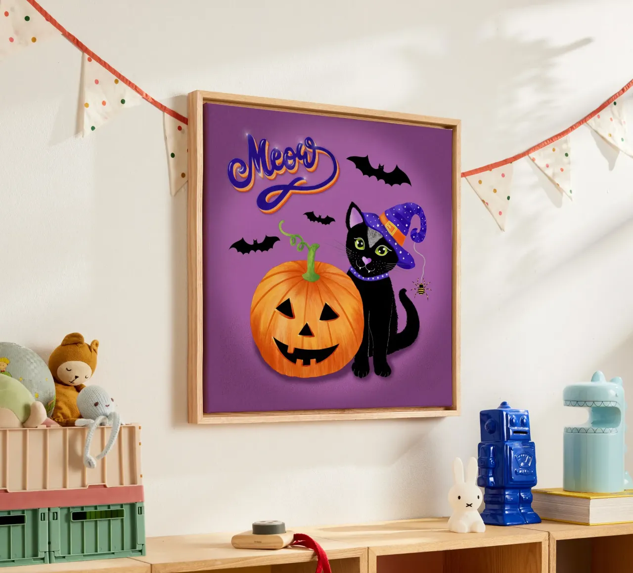 Meow, gatto di Halloween con zucca tela con Cornice a cassetta da CalliLetters