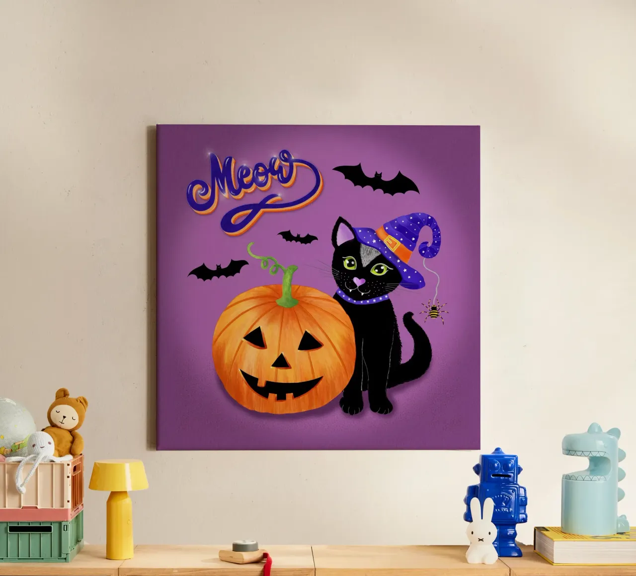 Meow, gatto di Halloween con zucca tela con Cornice a cassetta da CalliLetters
