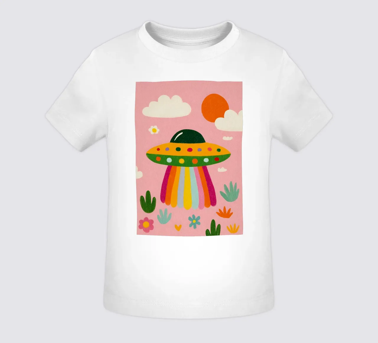 UFO colorato in un paesaggio rosa maglietta neonato da kakaka