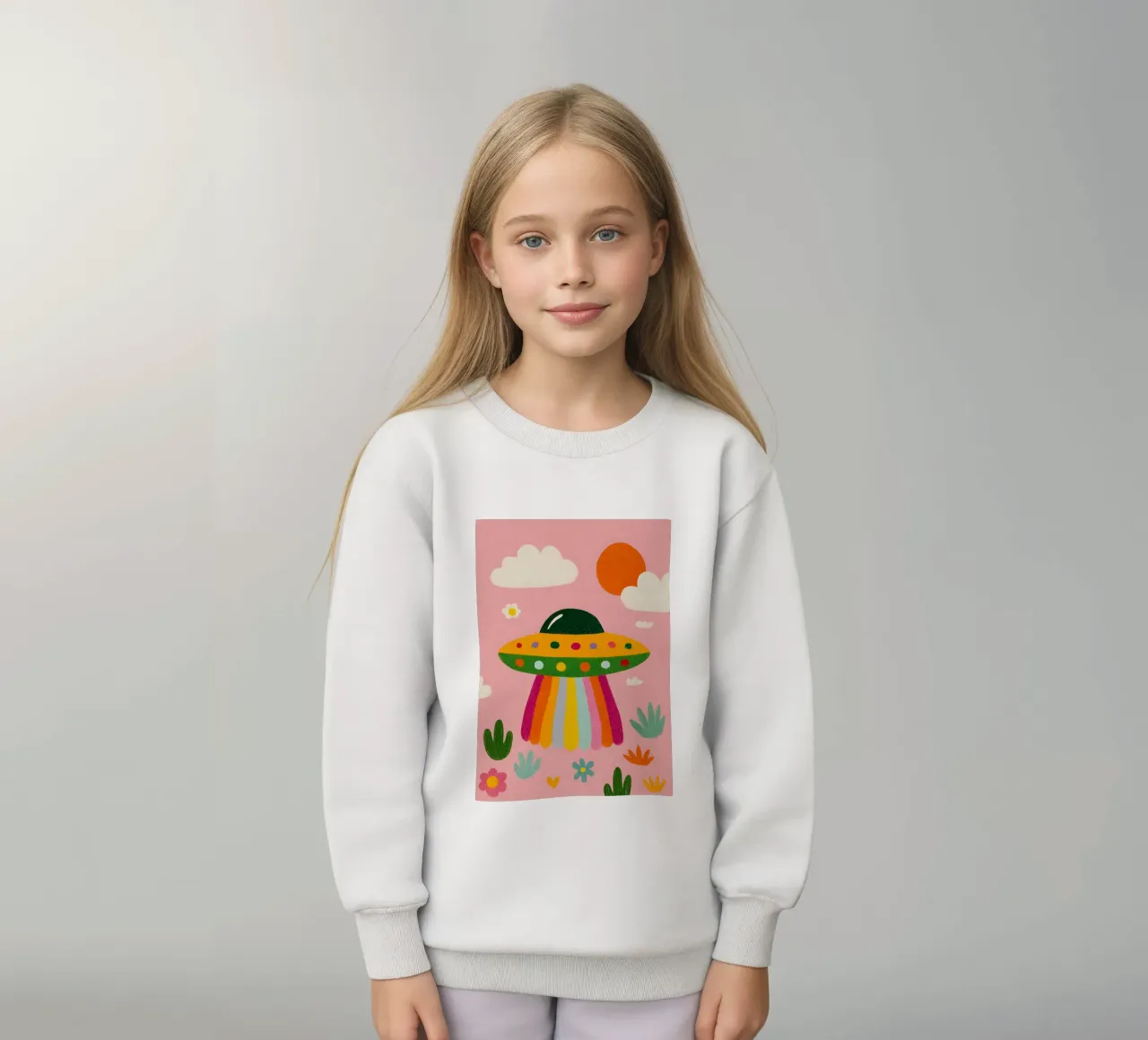 UFO colorato in un paesaggio rosa felpa bambino da kakaka