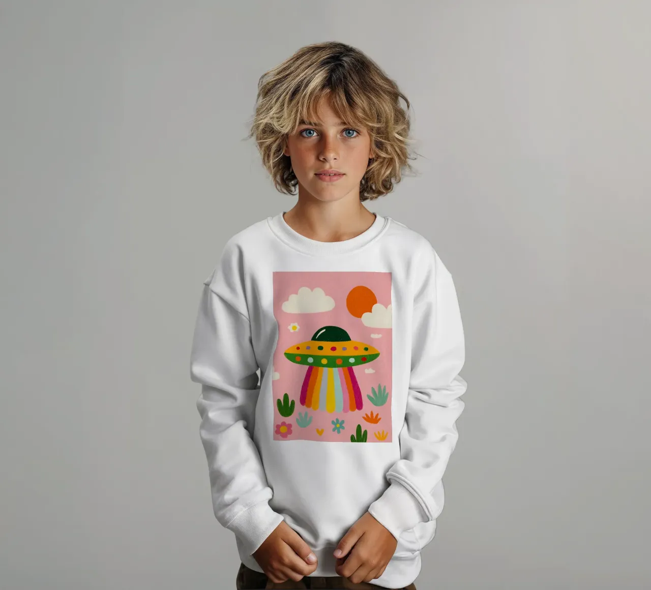 UFO colorato in un paesaggio rosa felpa bambino da kakaka