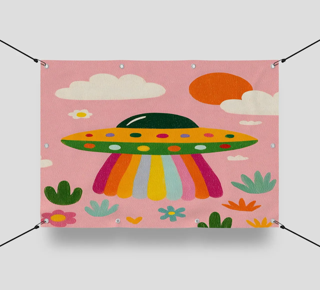 UFO colorato in un paesaggio rosa telo in pvc da kakaka