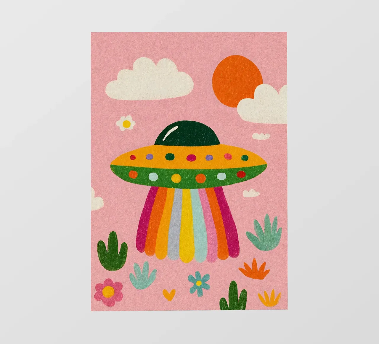 UFO colorato in un paesaggio rosa telo in pvc da kakaka