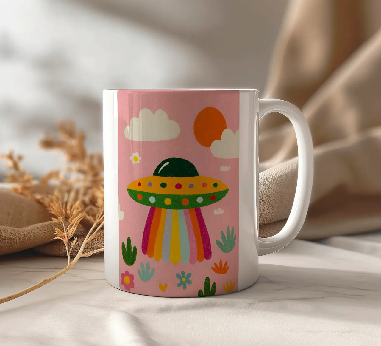 UFO colorato in un paesaggio rosa tazza in ceramica da kakaka
