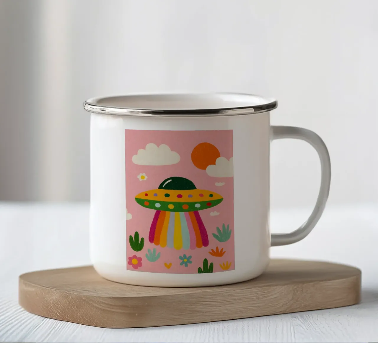UFO colorato in un paesaggio rosa tazza in smalto da kakaka