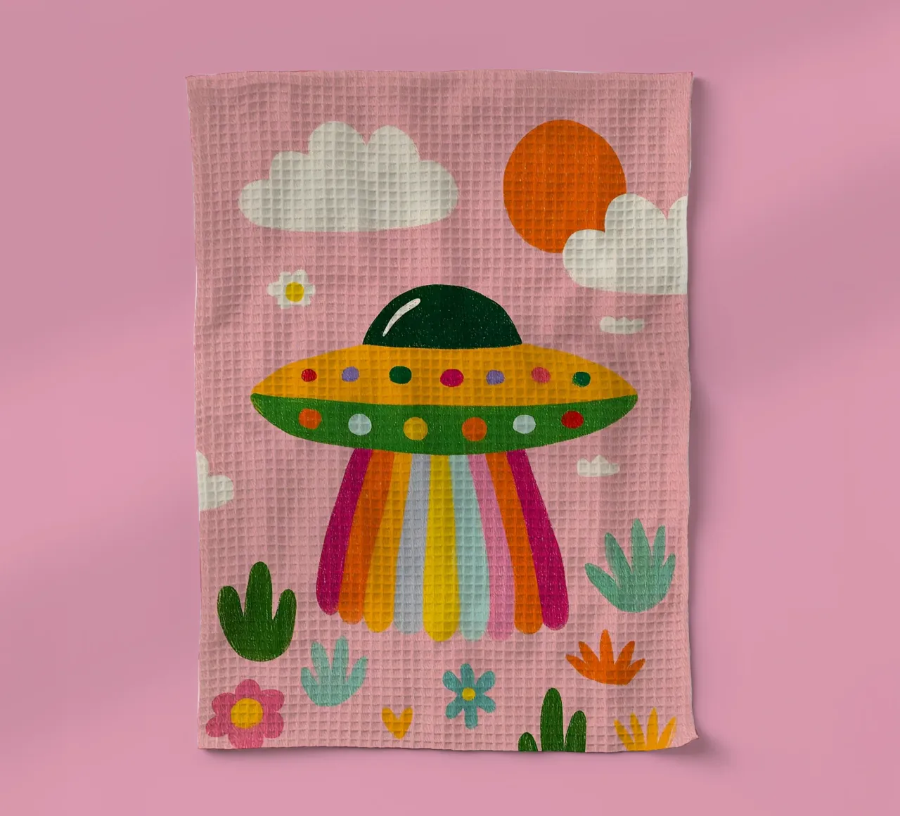 UFO colorato in un paesaggio rosa canovaccio da cucina da kakaka