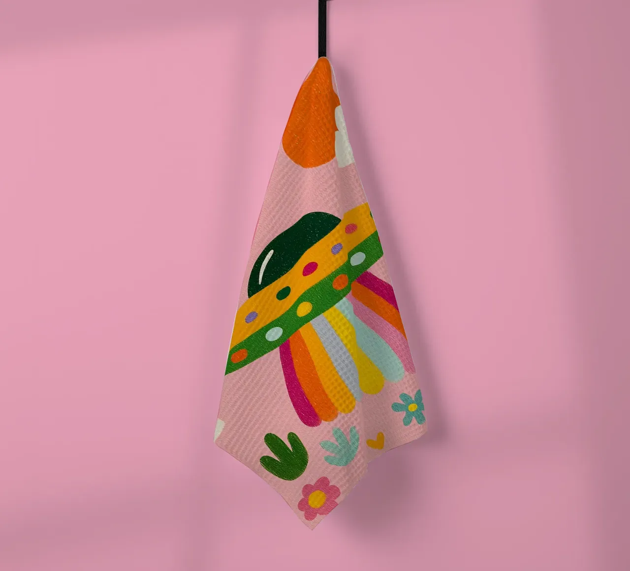 UFO colorato in un paesaggio rosa canovaccio da cucina da kakaka