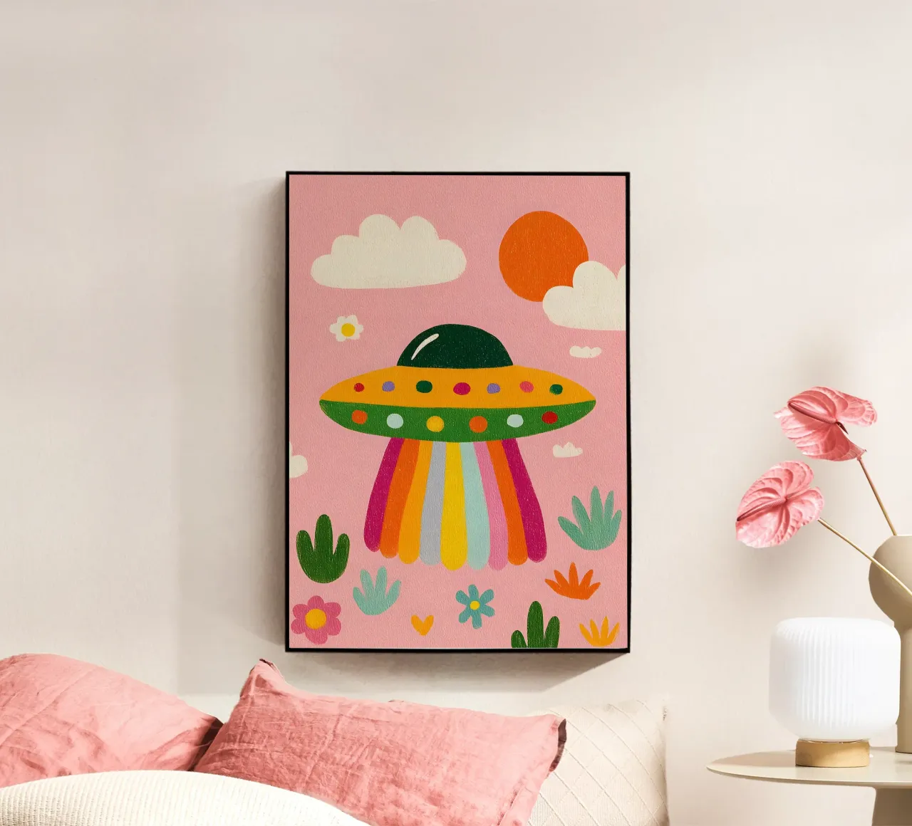 UFO colorato in un paesaggio rosa plexiglass da kakaka
