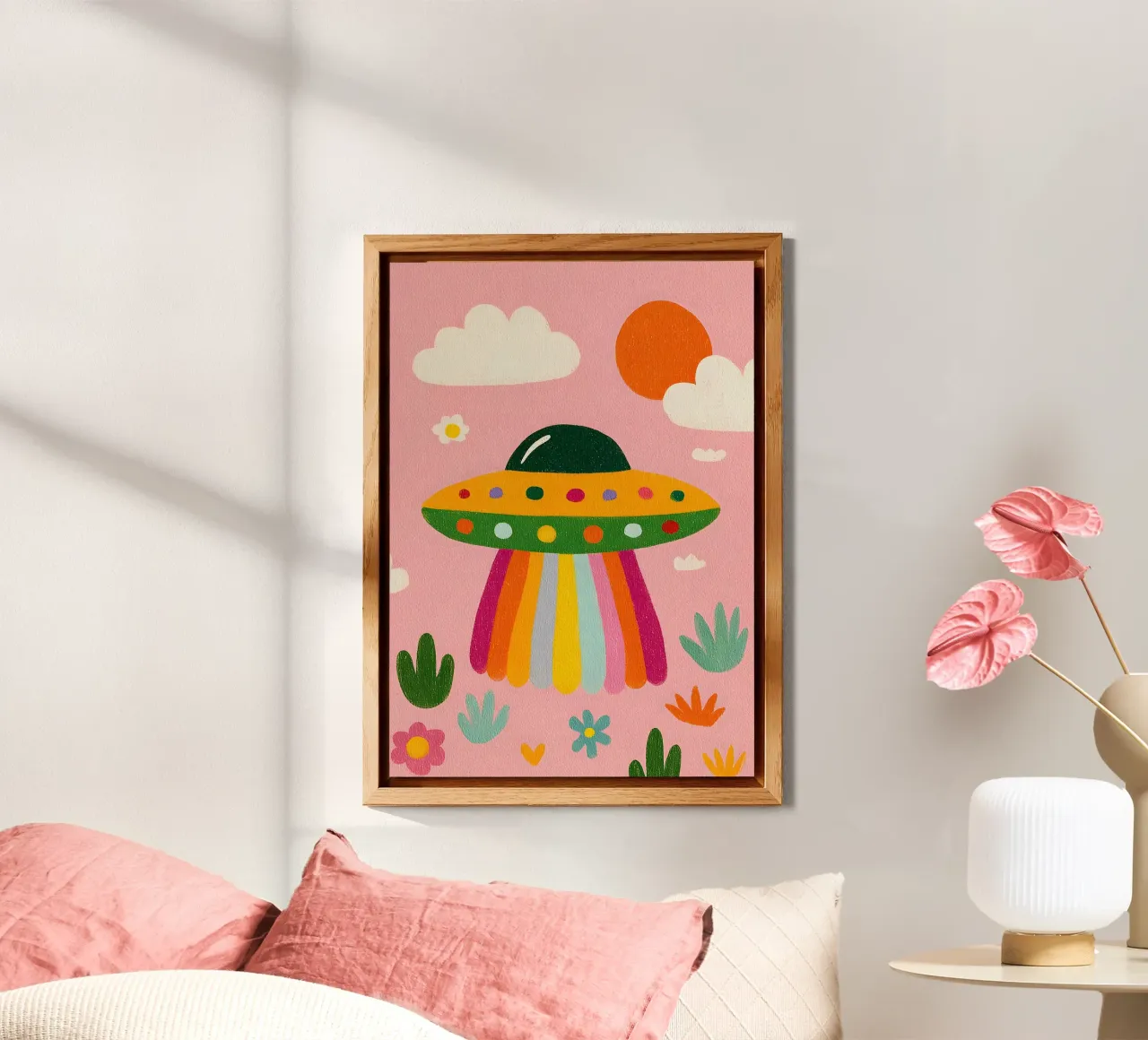 UFO colorato in un paesaggio rosa alluminio dibond da kakaka