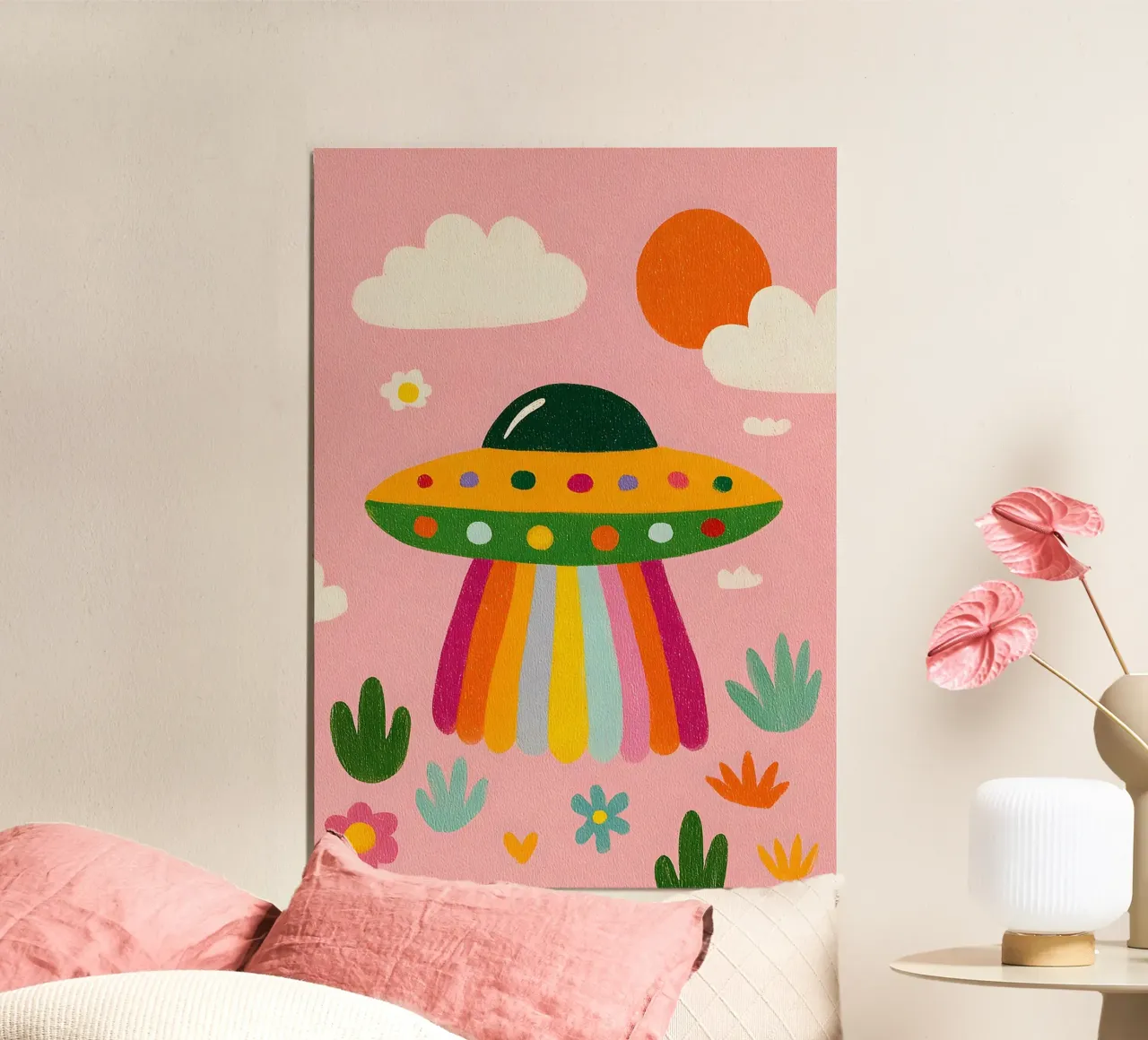 UFO colorato in un paesaggio rosa alluminio dibond da kakaka