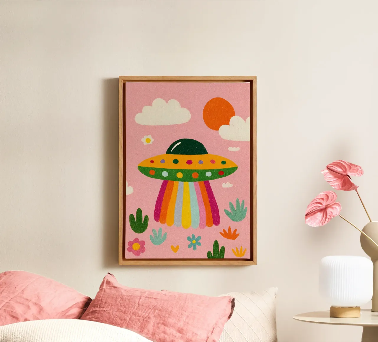 UFO colorato in un paesaggio rosa tela da kakaka