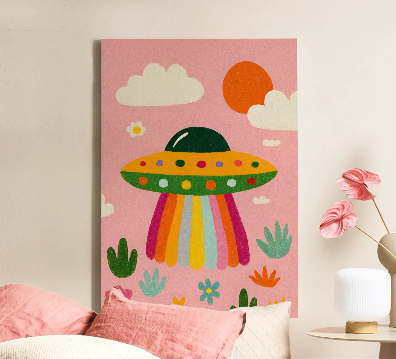 UFO colorato in un paesaggio rosa tela da kakaka