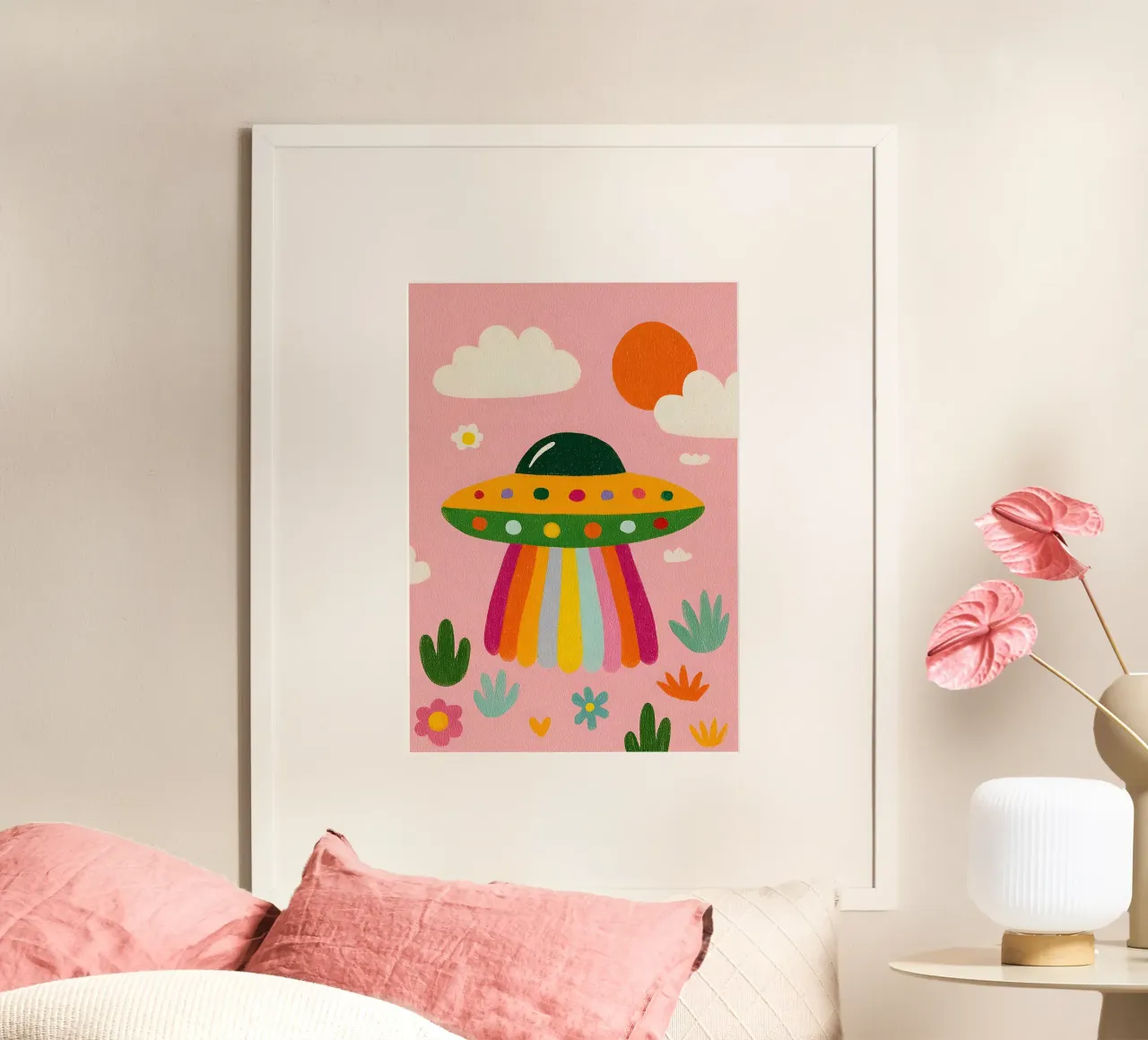 UFO colorato in un paesaggio rosa carta hahnemühle da kakaka