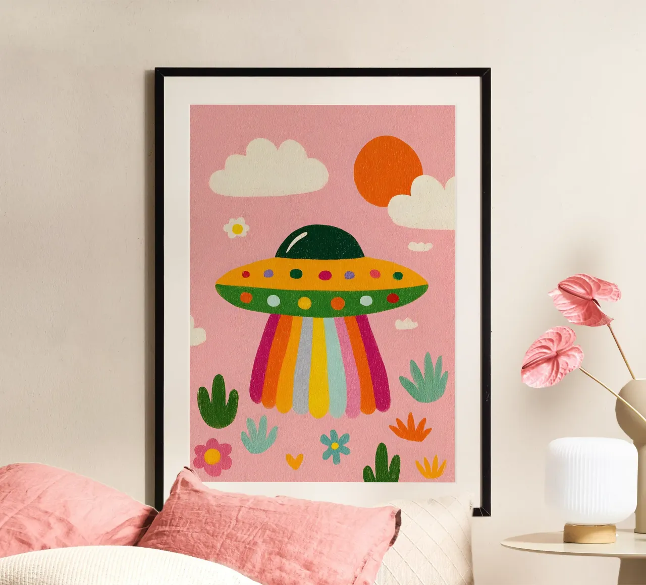 UFO colorato in un paesaggio rosa carta hahnemühle da kakaka