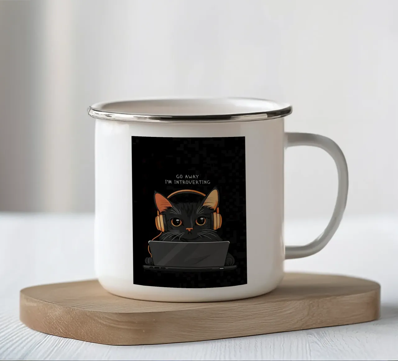 Introverted Cat with Laptop enamel mug by kakaka