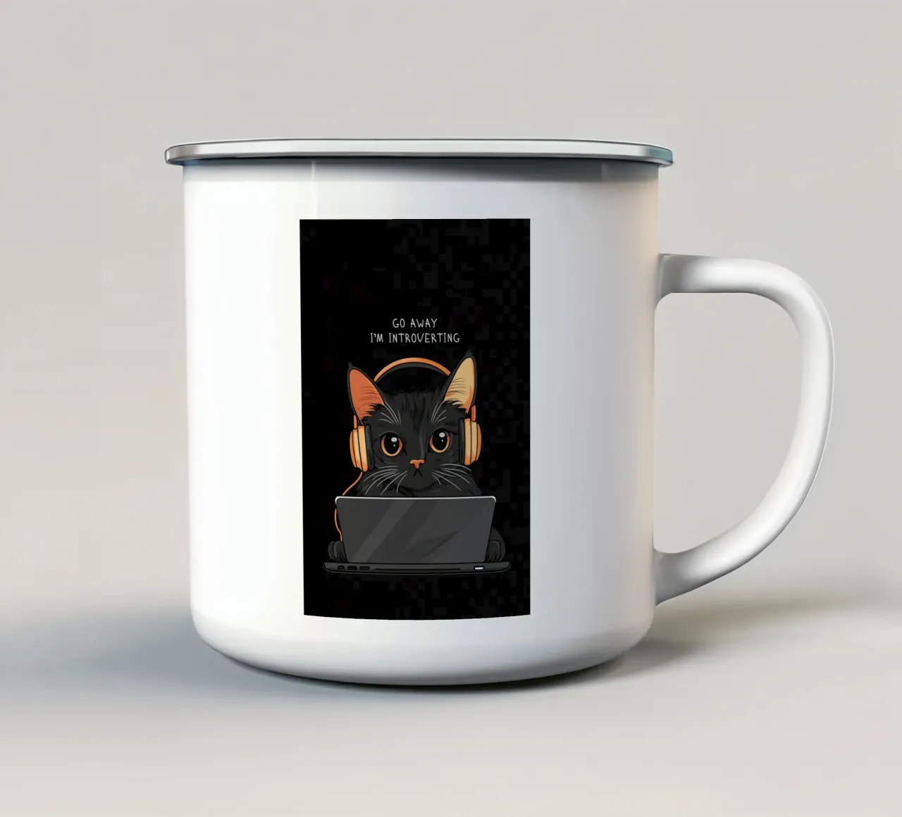 Introverted Cat with Laptop enamel mug by kakaka