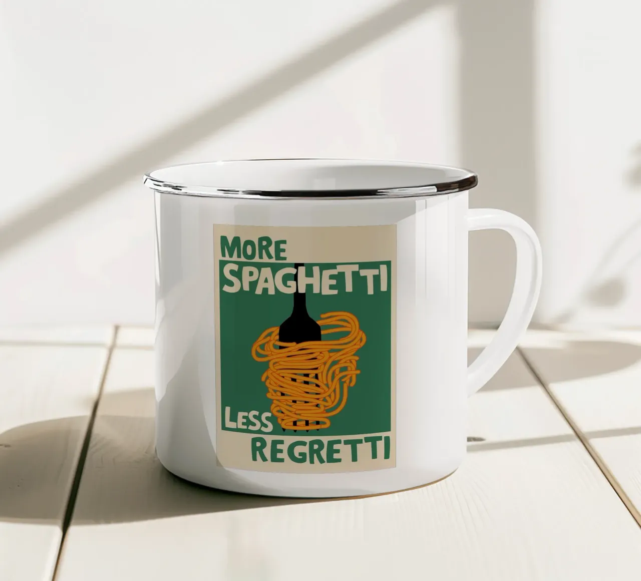 More Spaghetti, Less Regretti Poster tazza in smalto da kakaka