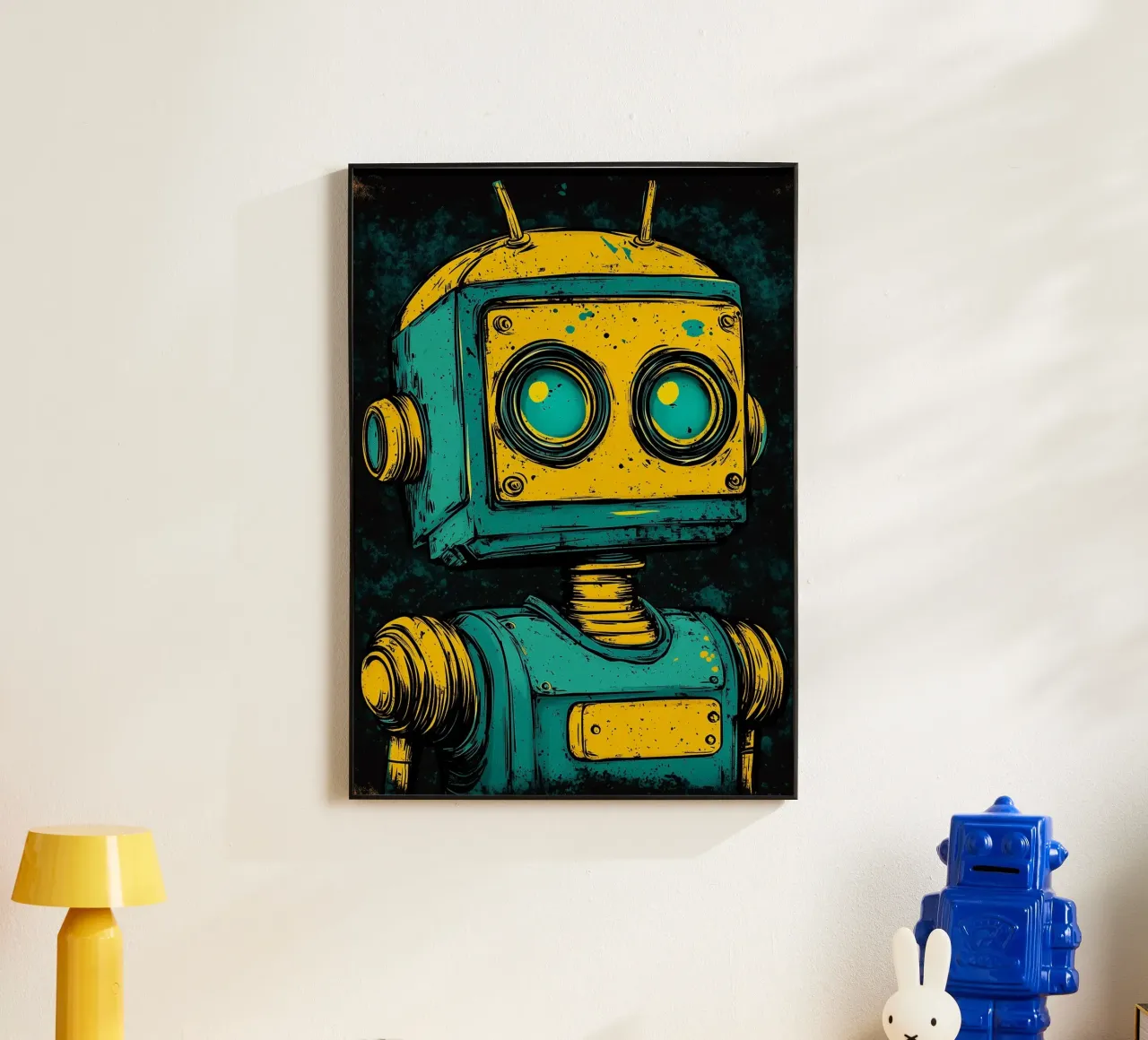 Illustrazione di robot retrò pop art alluminio dibond da kakaka