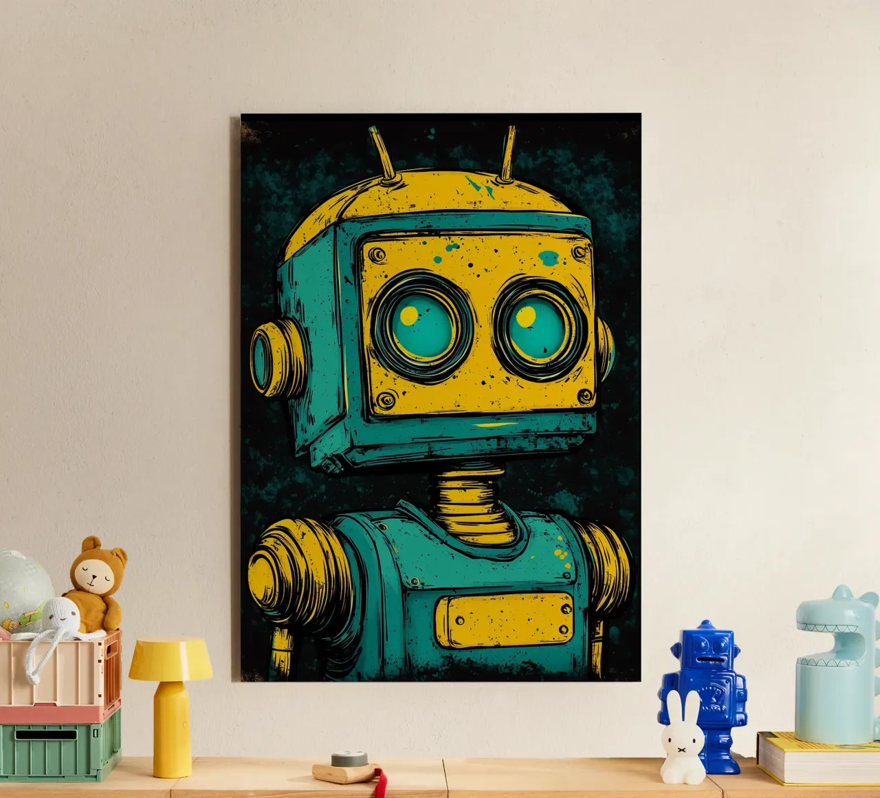 Illustrazione di robot retrò pop art alluminio dibond da kakaka