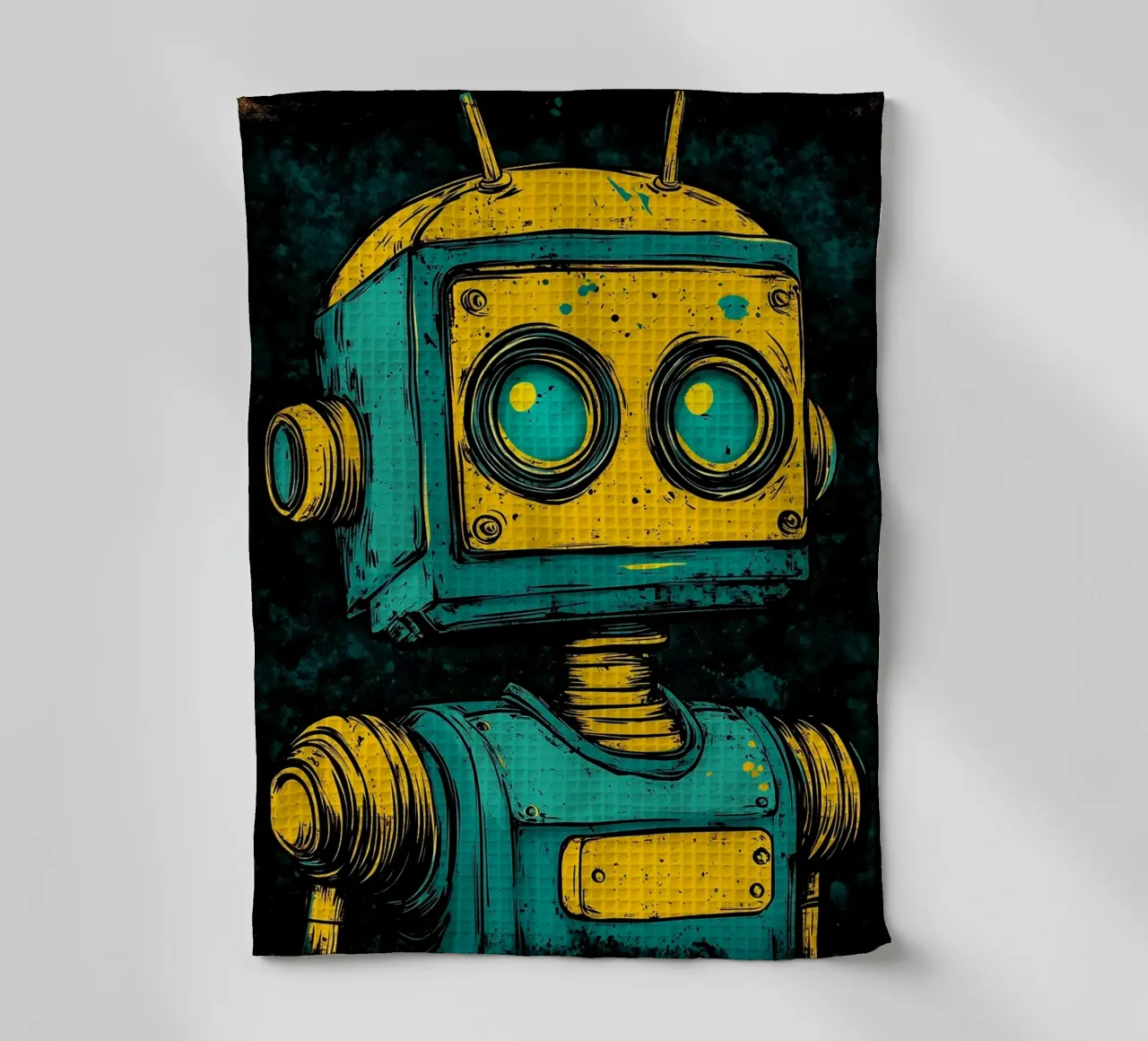 Illustrazione di robot retrò pop art canovaccio da cucina da kakaka