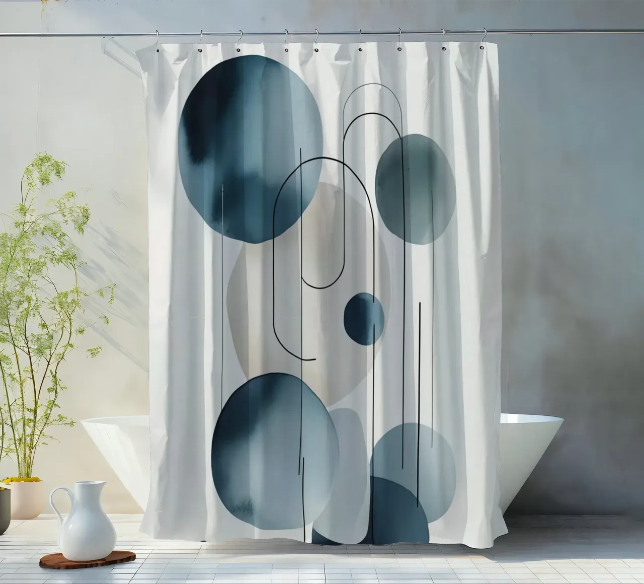 Abstract Circles and Arcs Composition shower curtain by DesignDoodle
