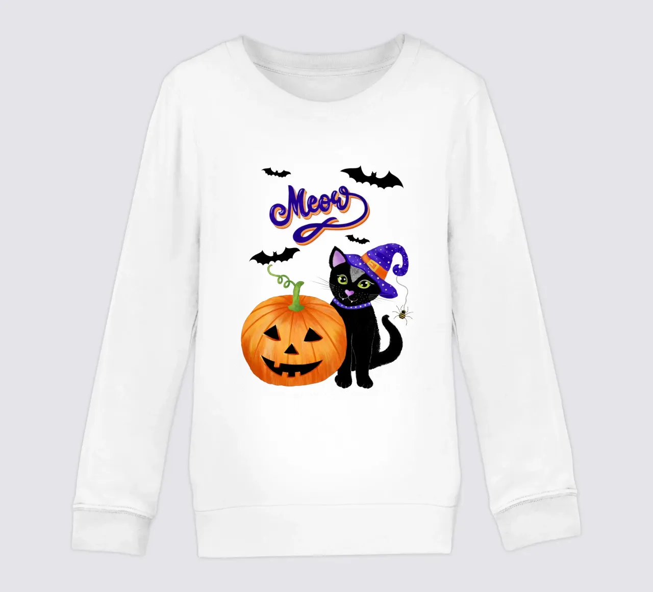 Meow, Halloween with black cat kids sweatshirt by CalliLetters