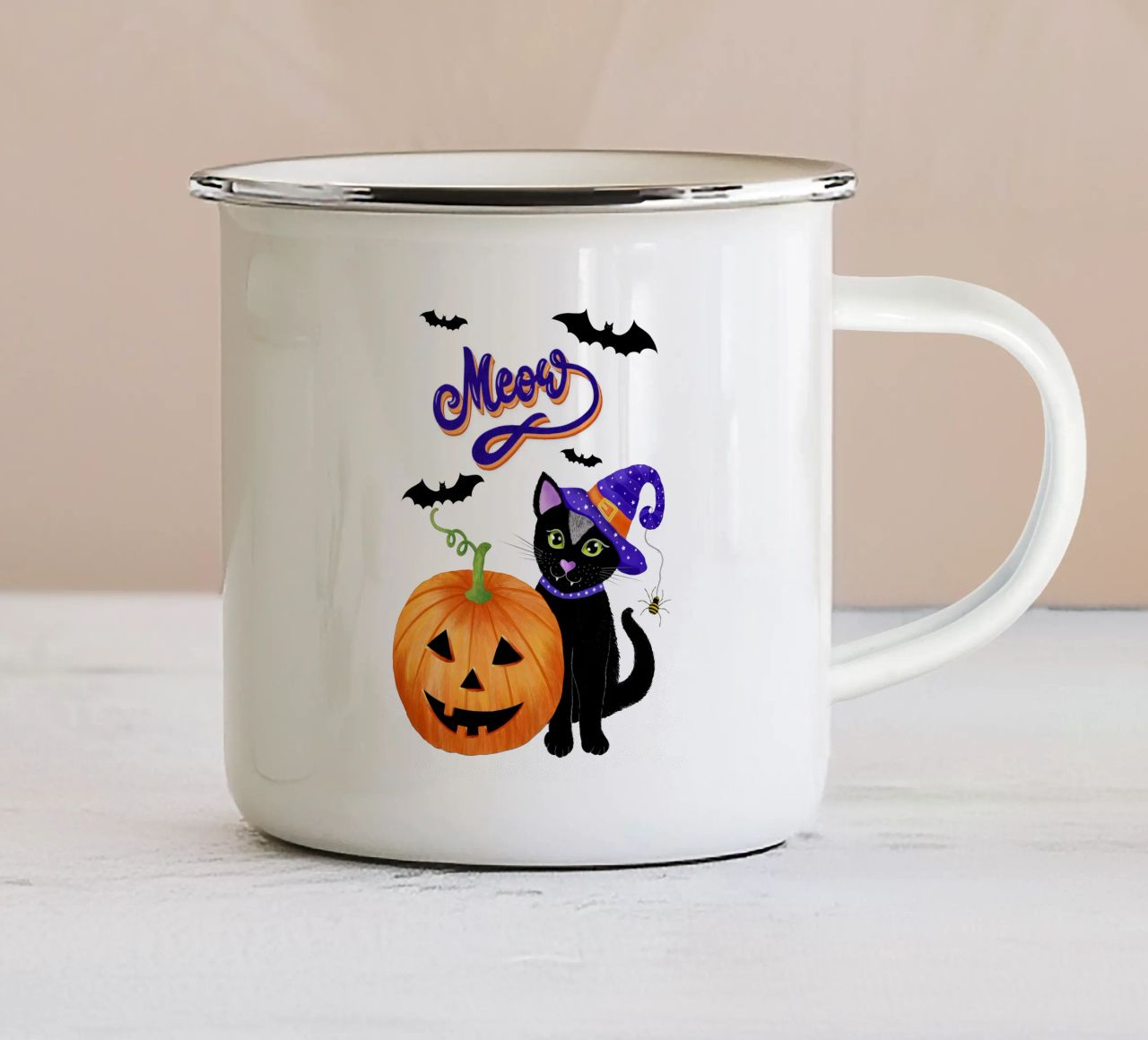 Meow, Halloween con gatto nero tazza in smalto da CalliLetters