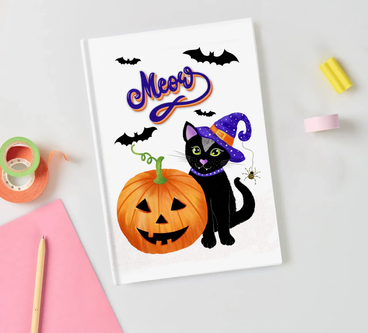 Meow, Halloween with black cat notebook by CalliLetters