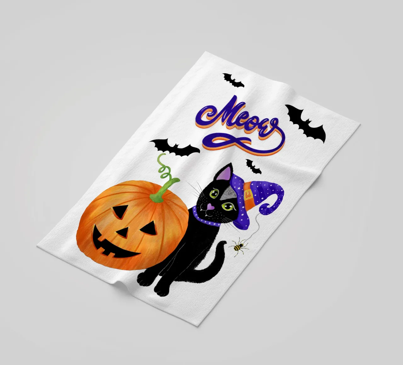 Meow, Halloween with black cat beach towel by CalliLetters