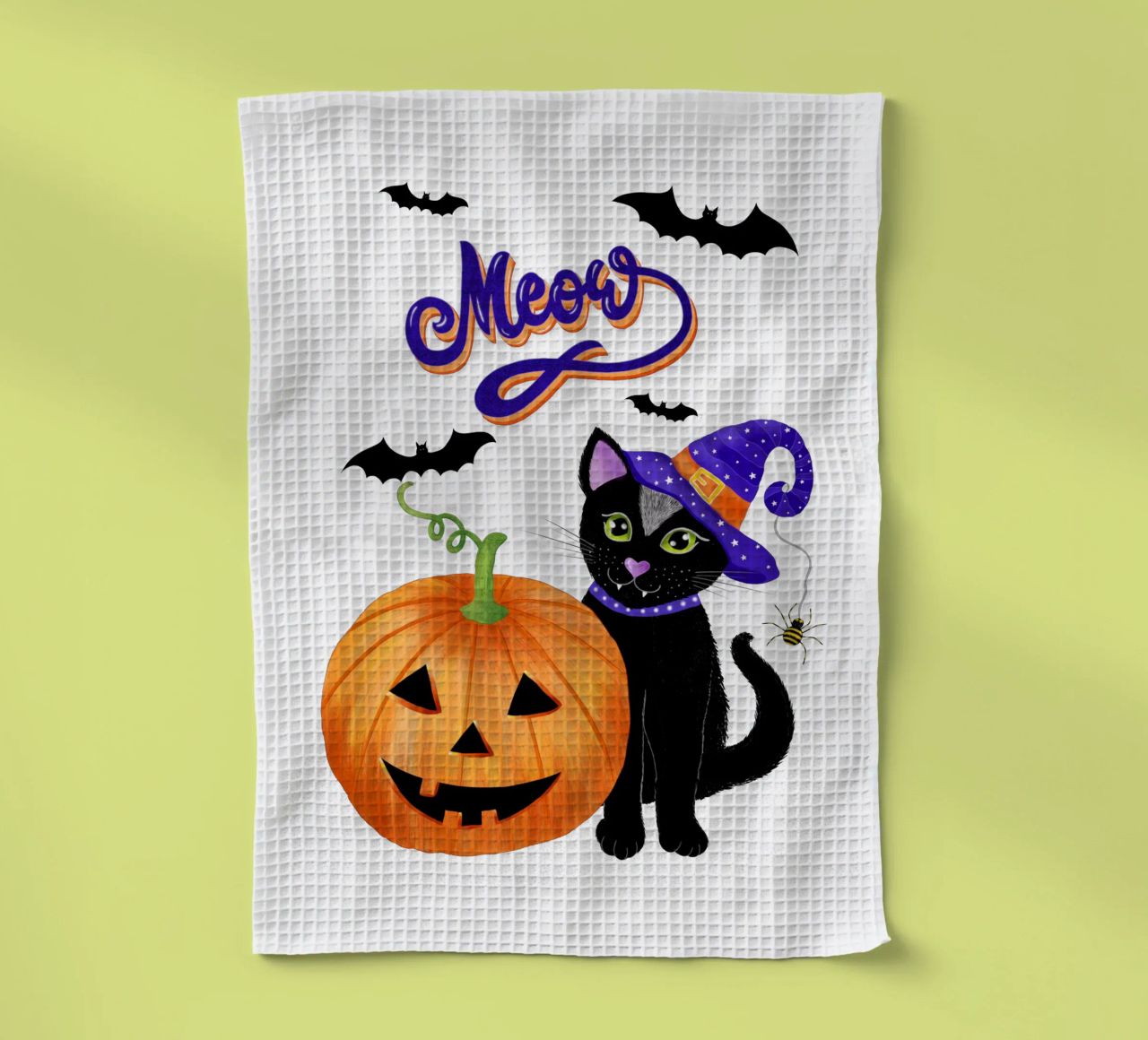 Meow, Halloween avec chat noir torchon de CalliLetters