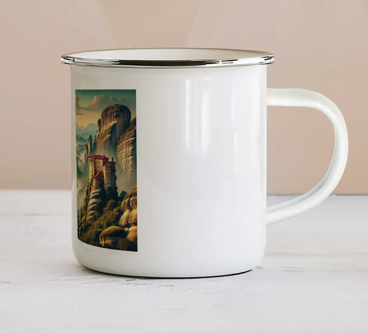 Poster d'epoca Grecia, Monasteri di Meteora tazza in smalto da Wanderlust Vibes