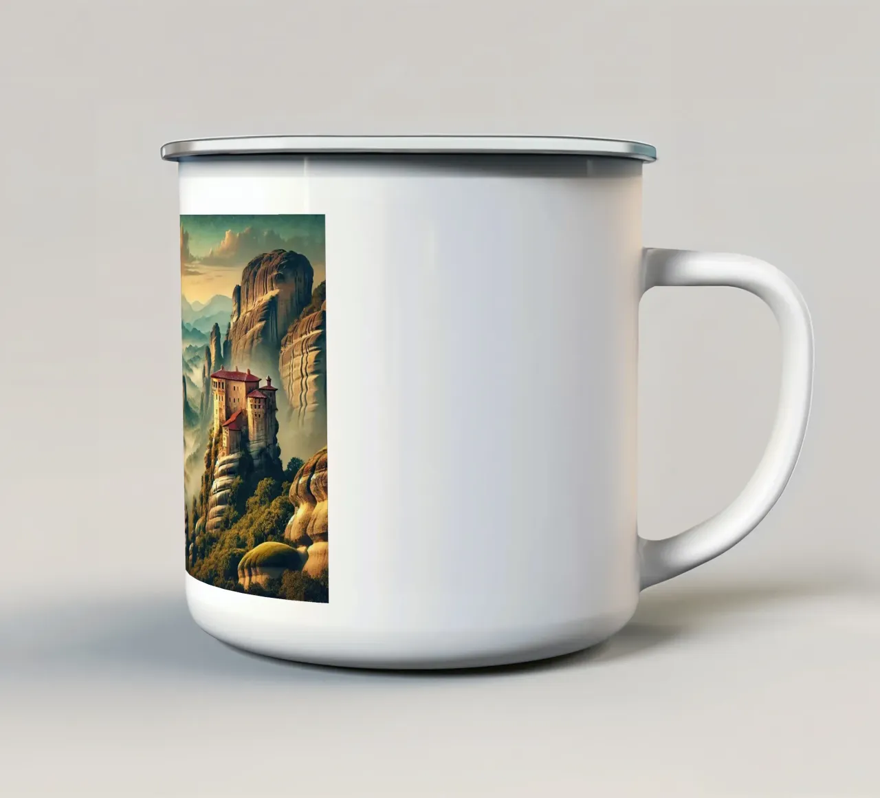 Poster d'epoca Grecia, Monasteri di Meteora tazza in smalto da Wanderlust Vibes