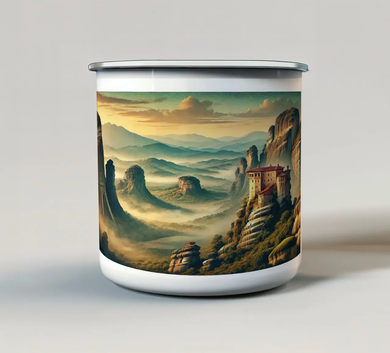 Poster d'epoca Grecia, Monasteri di Meteora tazza in smalto da Wanderlust Vibes