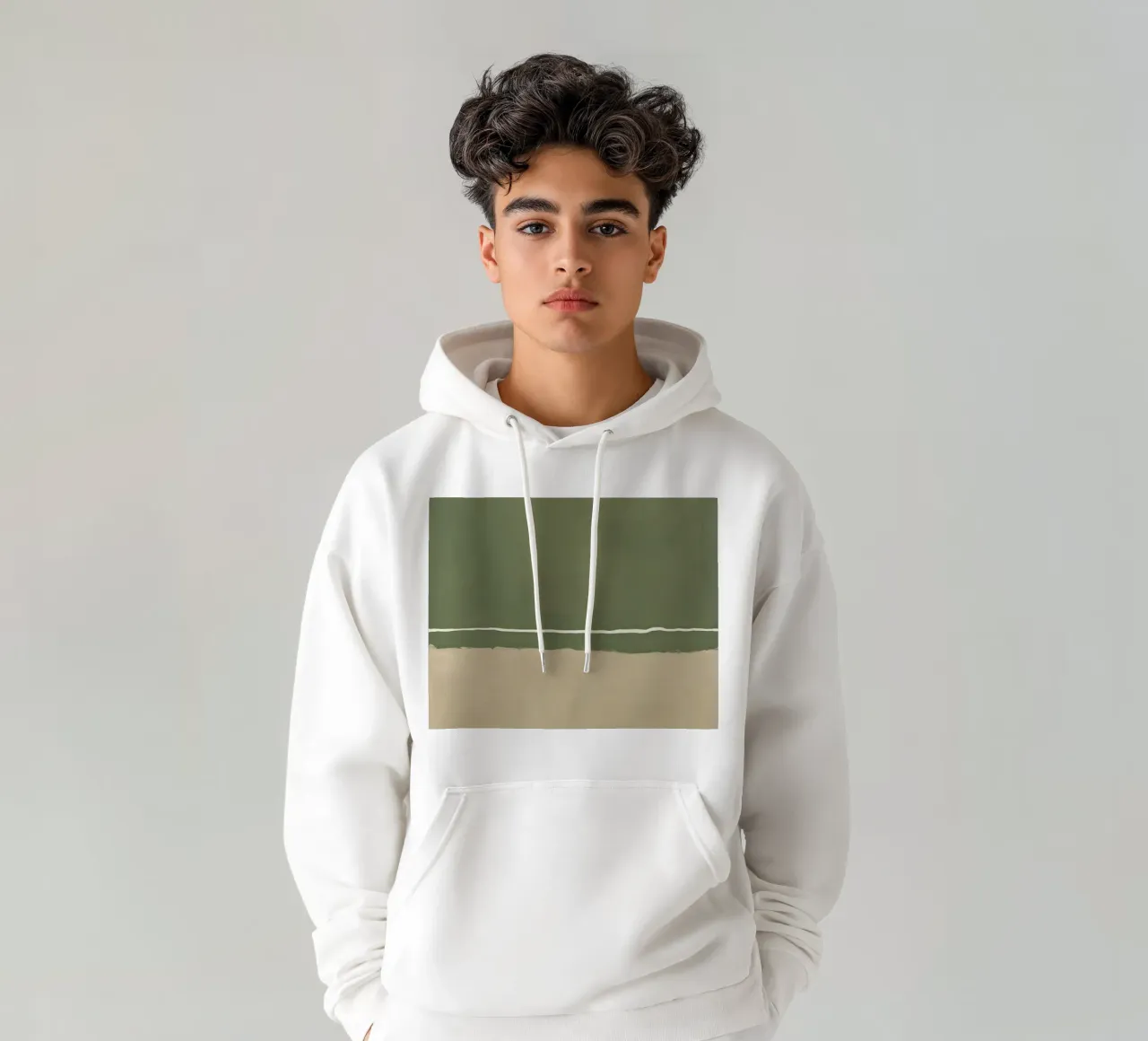Quadro astratto con banda orizzontale verde beige e bianca felpa con cappuccio da DesignDoodle