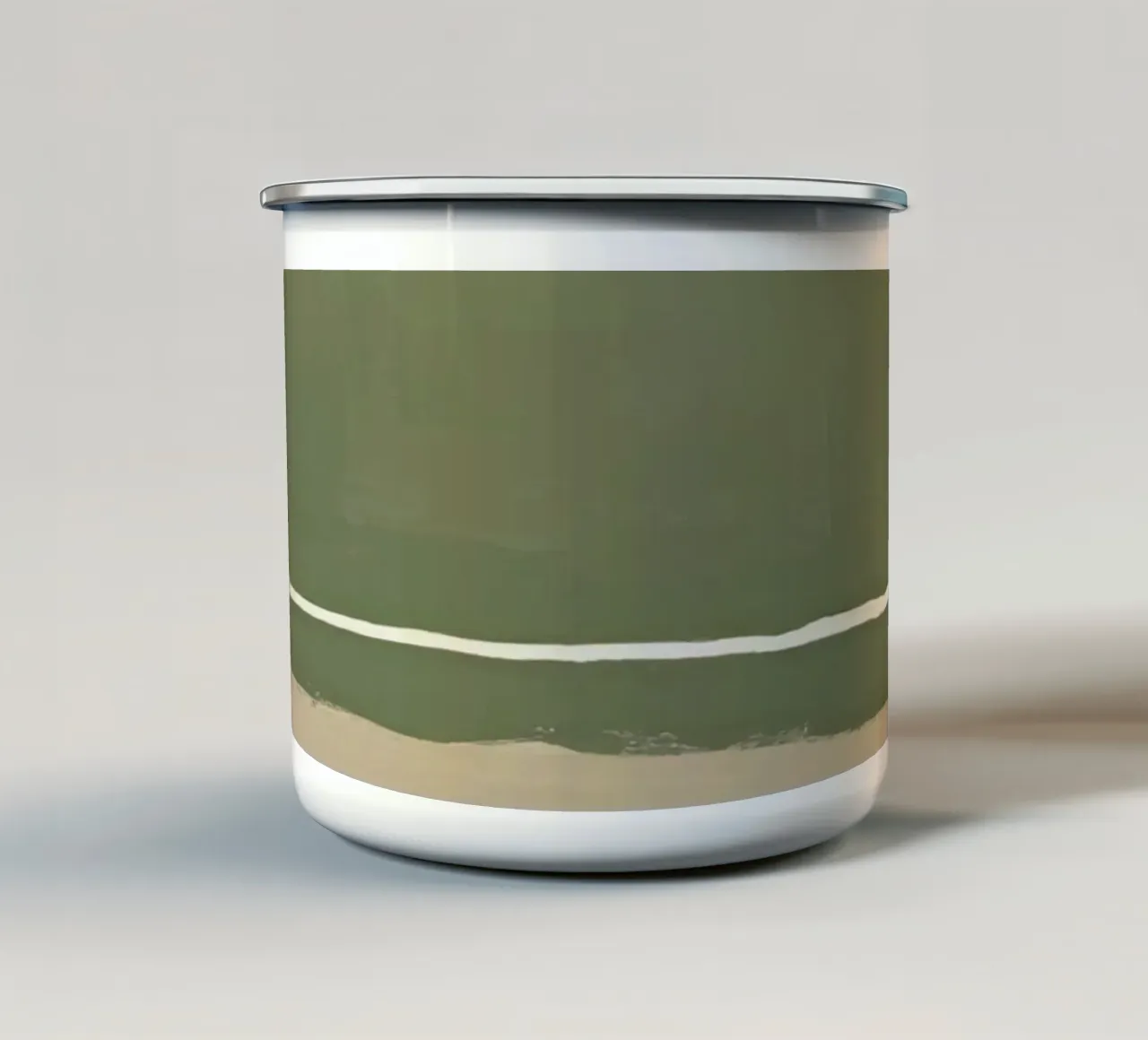 Abstract schilderij met groenbeige en witte horizontale band emaille mok van DesignDoodle