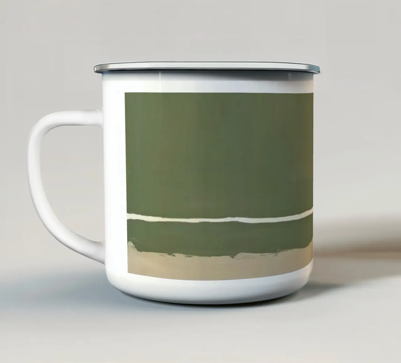 Abstract schilderij met groenbeige en witte horizontale band emaille mok van DesignDoodle