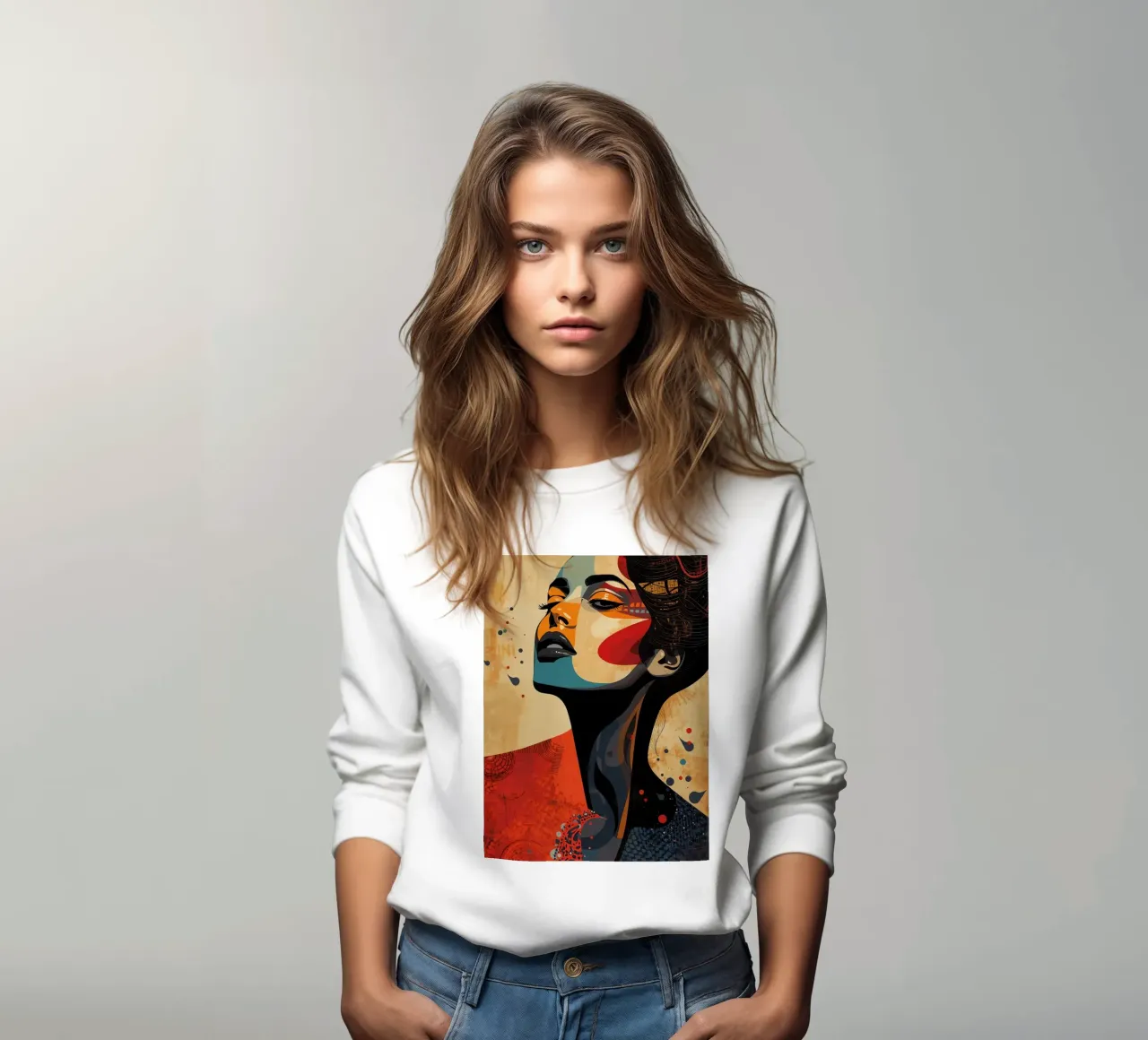 Abstraktes Porträt einer Frau mit auffälligem Make-up Sweatshirt von DesignDoodle