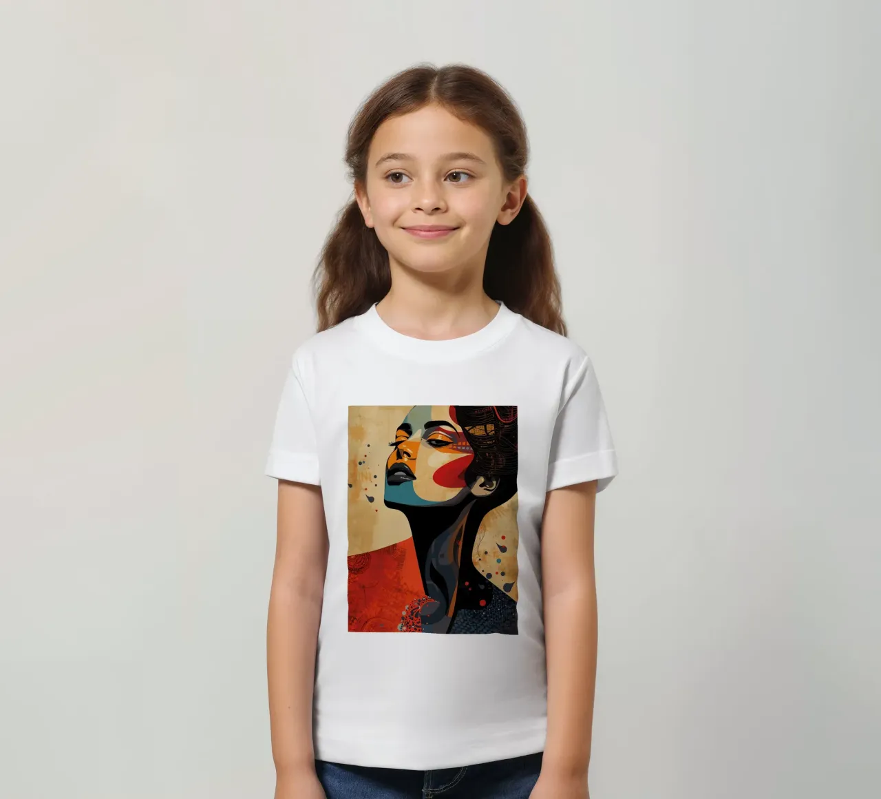 Ritratto astratto di una donna con un trucco audace t-shirt bambini da DesignDoodle