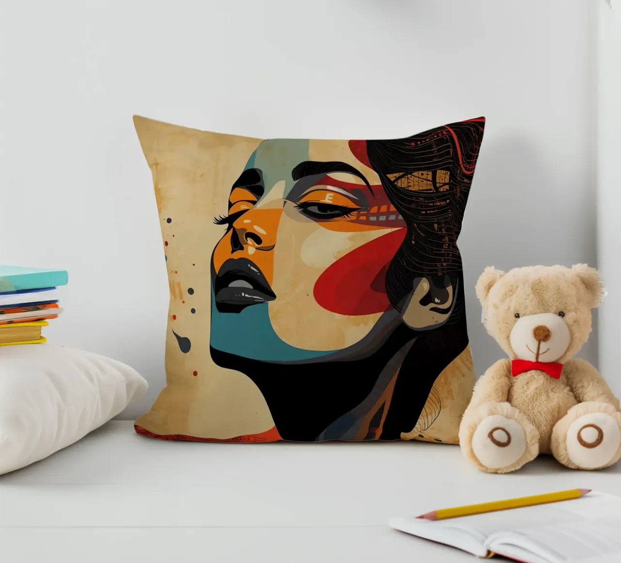 Ritratto astratto di una donna con un trucco audace cuscino da DesignDoodle