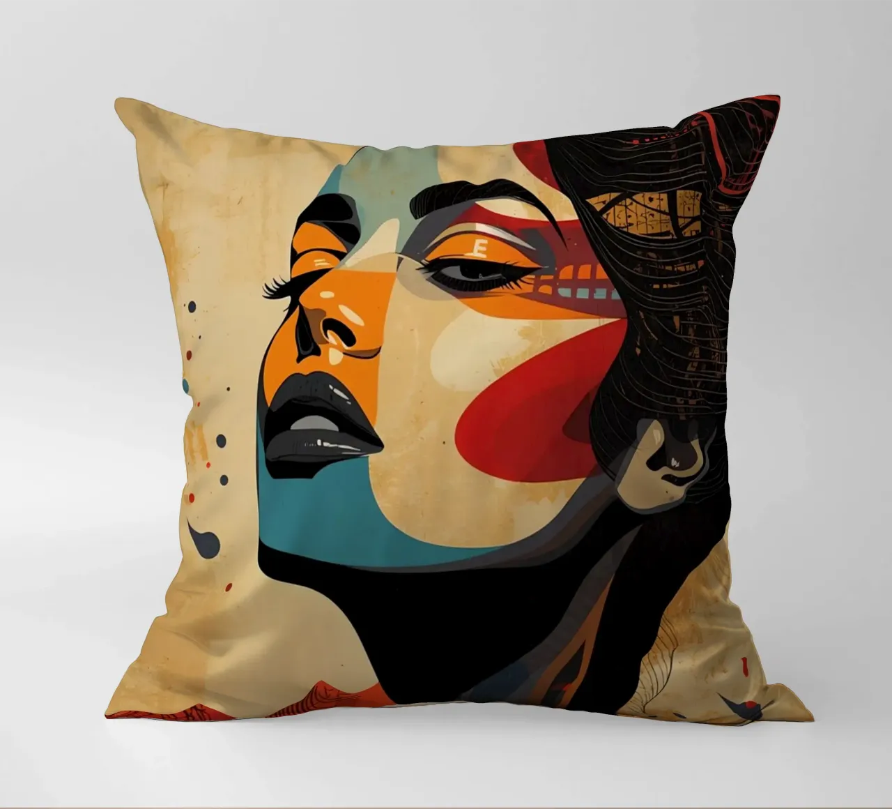 Ritratto astratto di una donna con un trucco audace cuscino da DesignDoodle