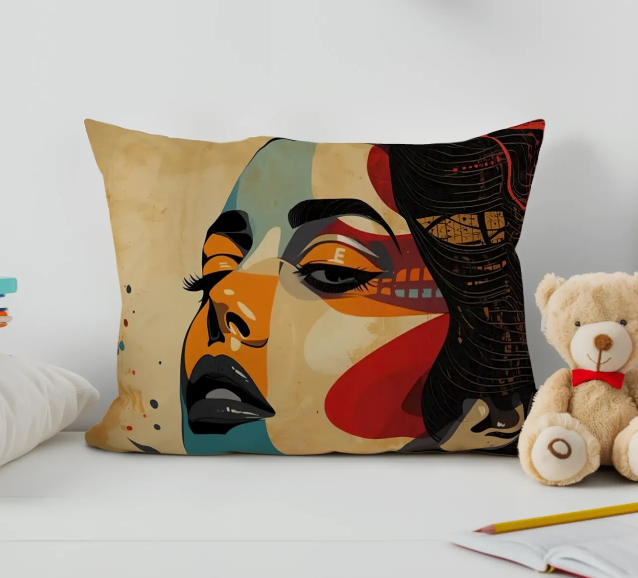 Ritratto astratto di una donna con un trucco audace cuscino da DesignDoodle