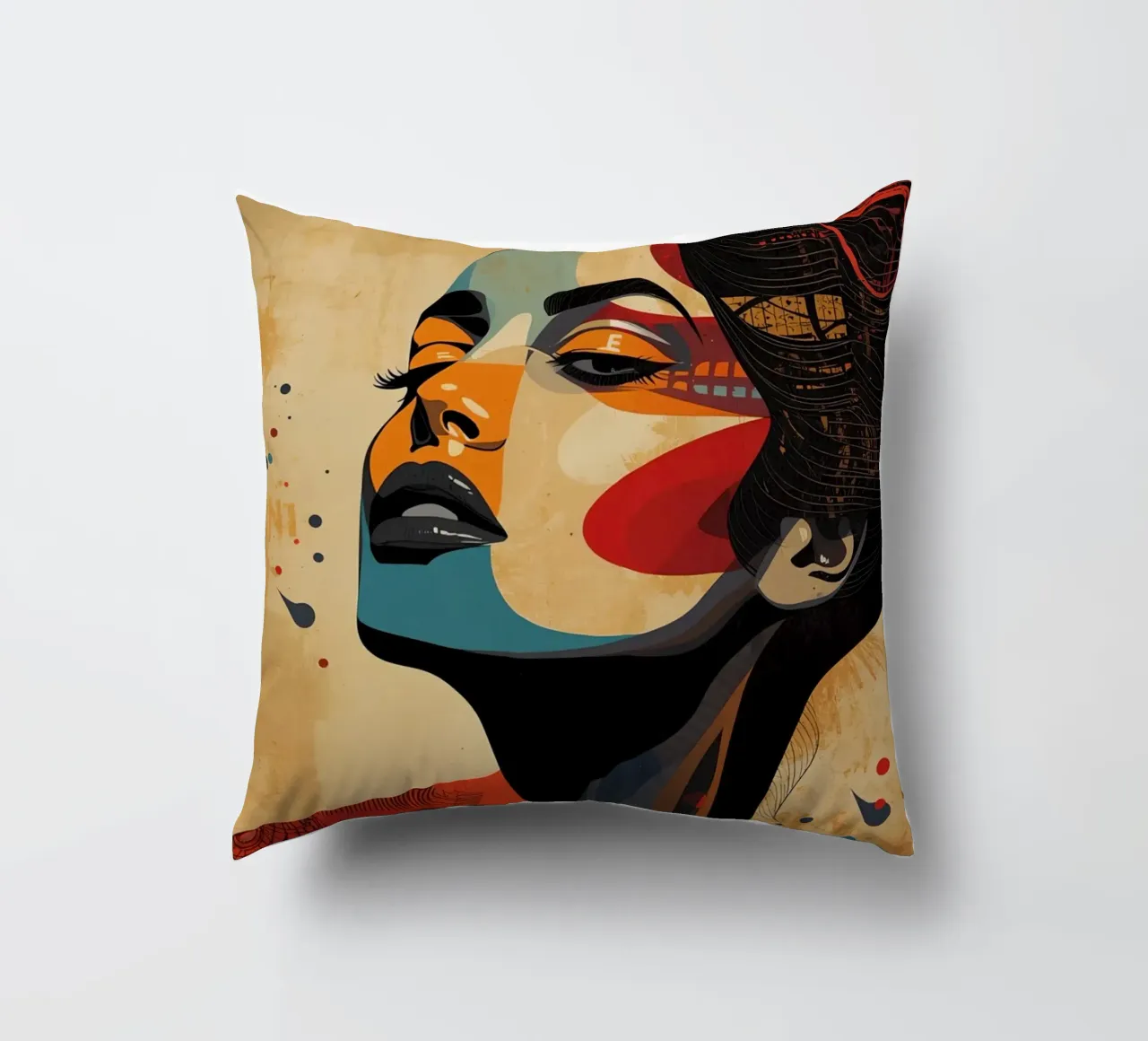 Ritratto astratto di una donna con un trucco audace cuscino da DesignDoodle