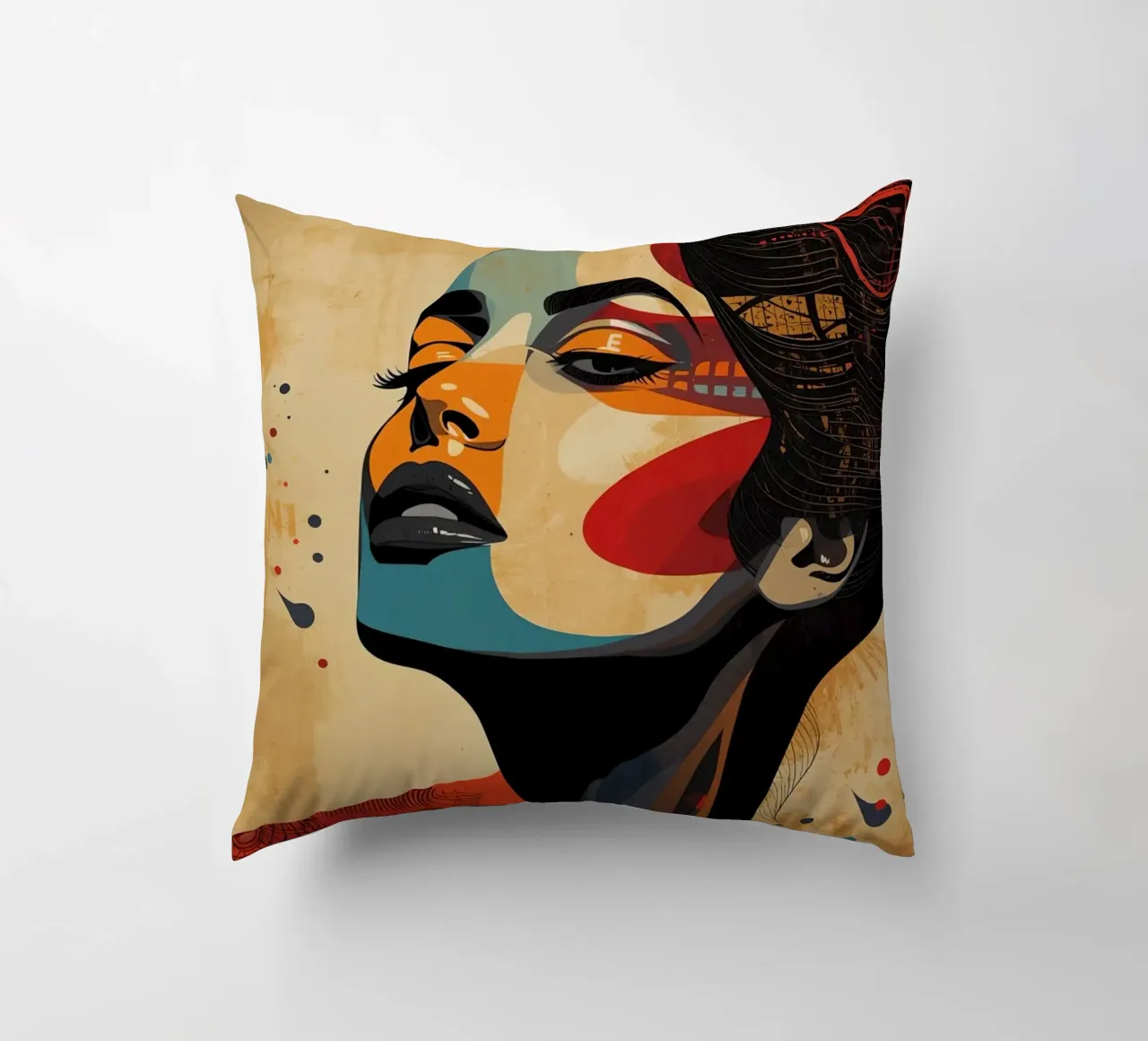 Ritratto astratto di una donna con un trucco audace cuscino da DesignDoodle