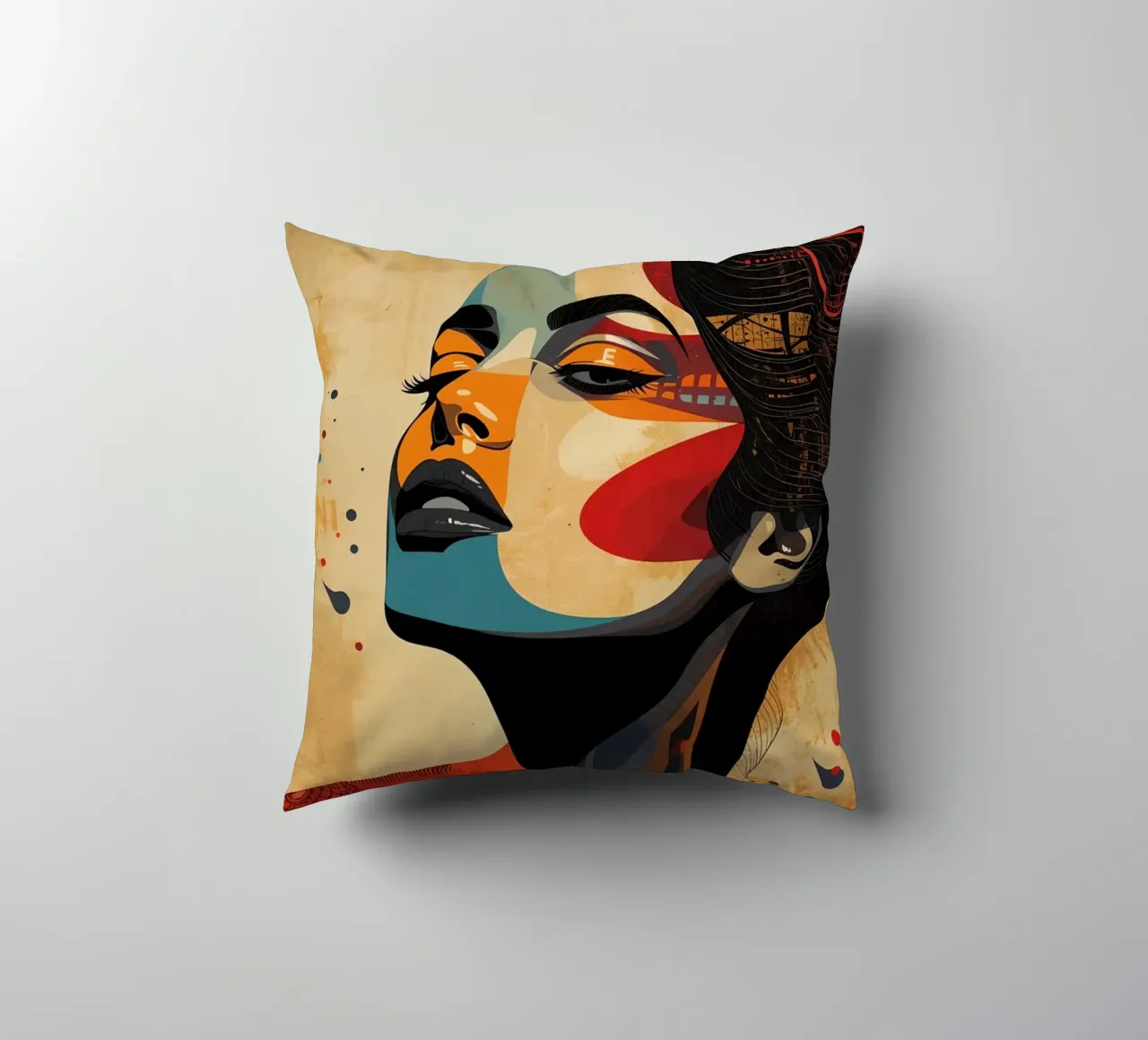 Ritratto astratto di una donna con un trucco audace cuscino da DesignDoodle