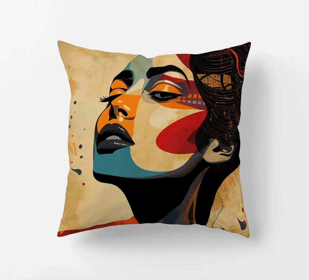 Ritratto astratto di una donna con un trucco audace cuscino da DesignDoodle