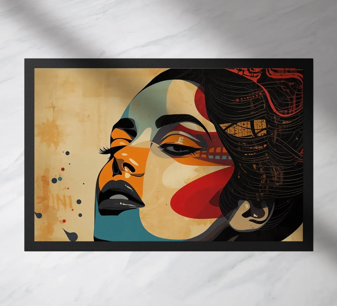 Ritratto astratto di una donna con un trucco audace zerbino da DesignDoodle