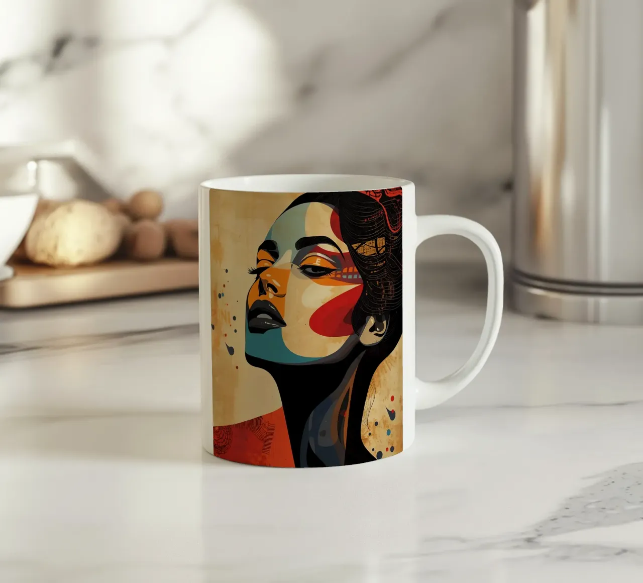 Abstraktes Porträt einer Frau mit auffälligem Make-up Keramik Tasse von DesignDoodle