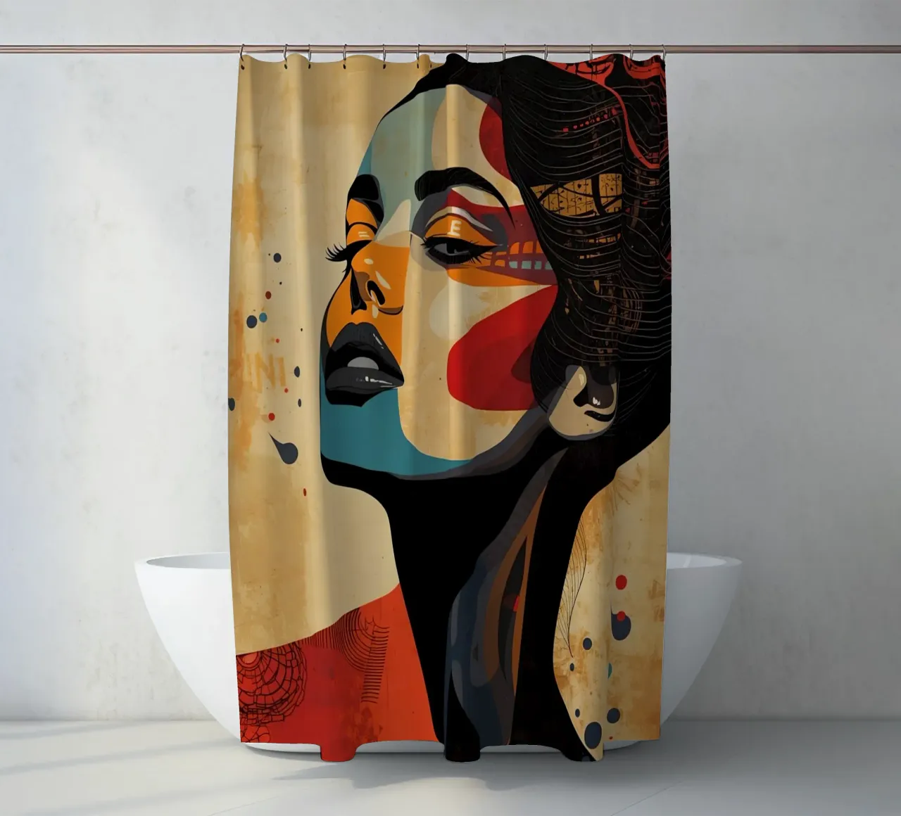 Abstraktes Porträt einer Frau mit auffälligem Make-up Duschvorhang von DesignDoodle